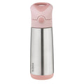 A stainless steel insulated water bottle with a pink lid and base, featuring the 'b.box' logo printed vertically on the lower left, set against a plain white background.