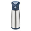 A stainless steel vacuum insulated water bottle with a navy blue lid and base, featuring the 'b.box' logo printed vertically on the lower left.