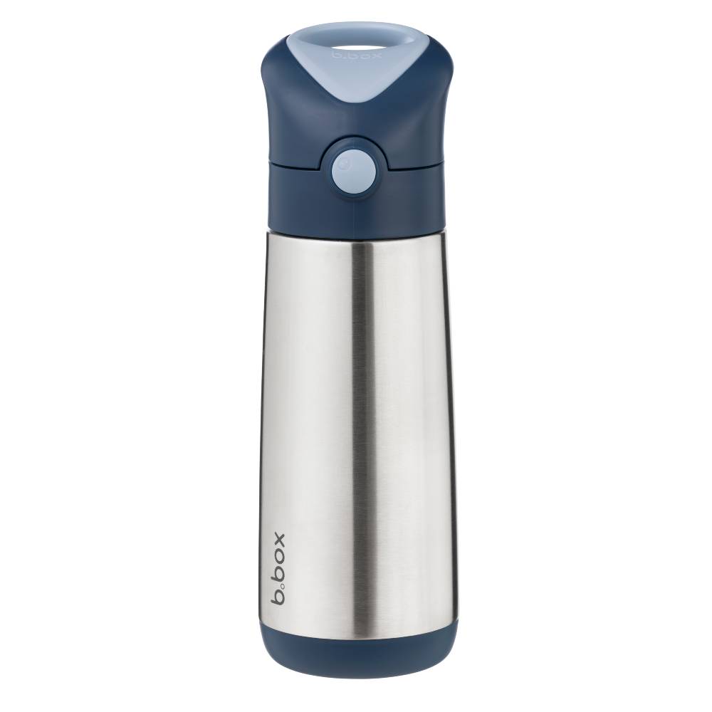 A stainless steel vacuum insulated water bottle with a navy blue lid and base, featuring the 'b.box' logo printed vertically on the lower left.