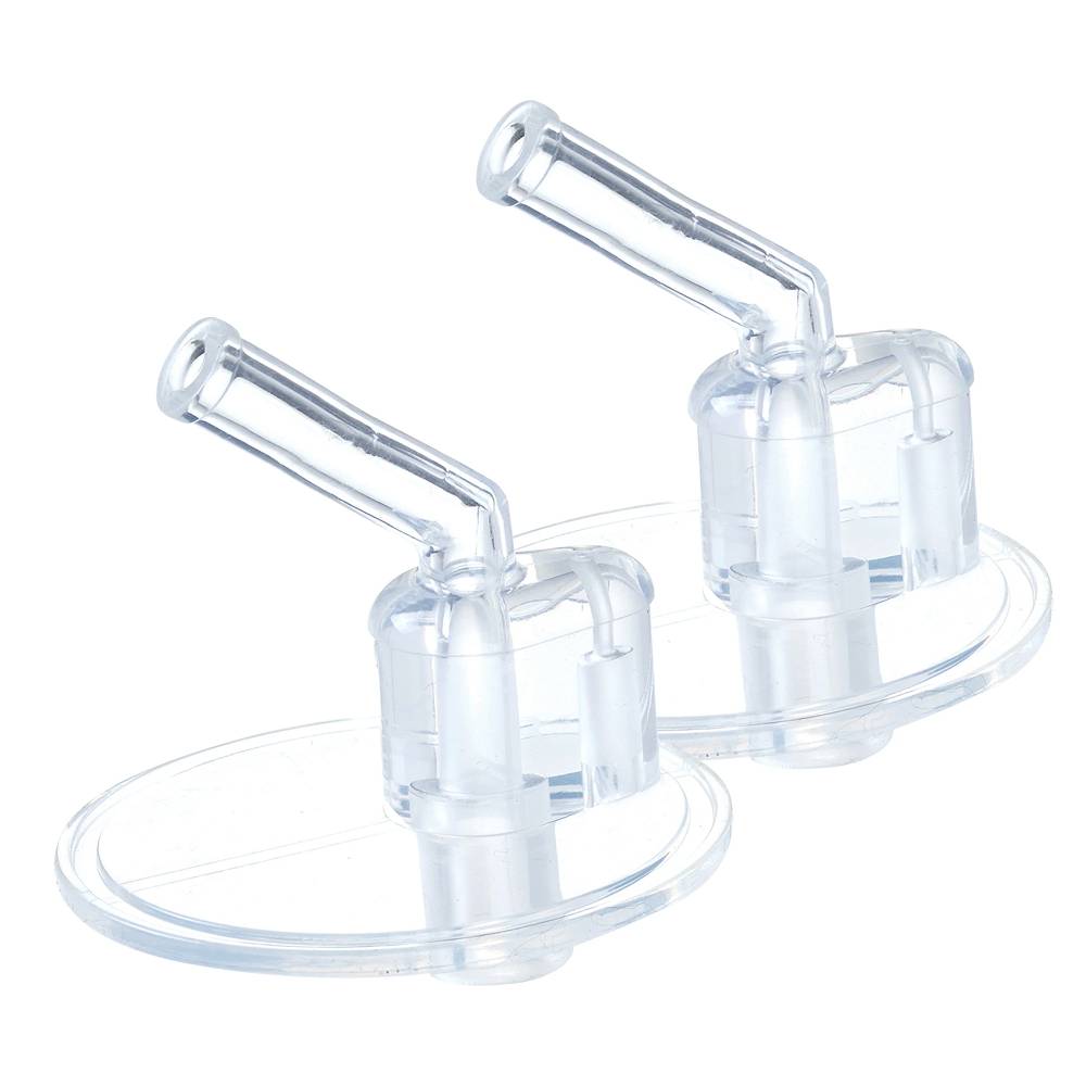 Clear plastic replacement straw tops on a white background