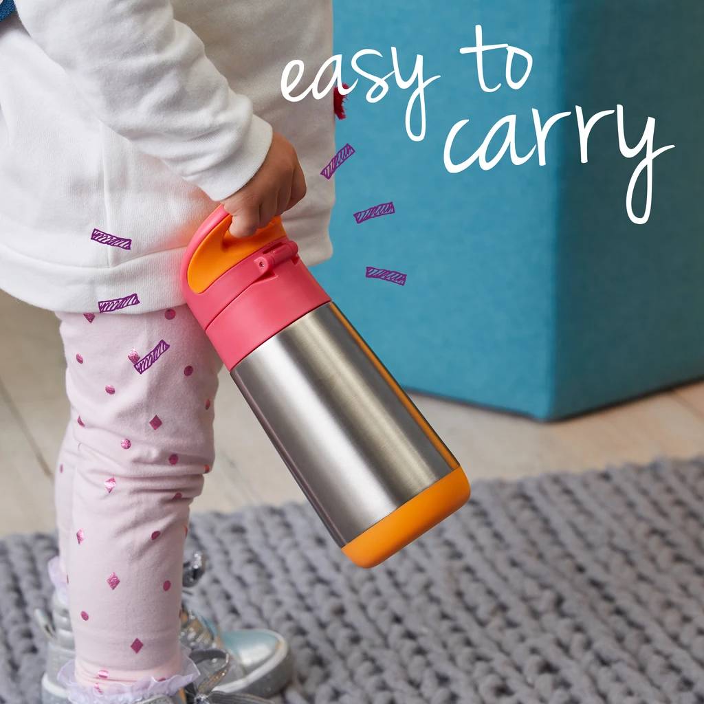 Child holding a pink and orange insulated bottle with text 'easy to carry' on a blurred background