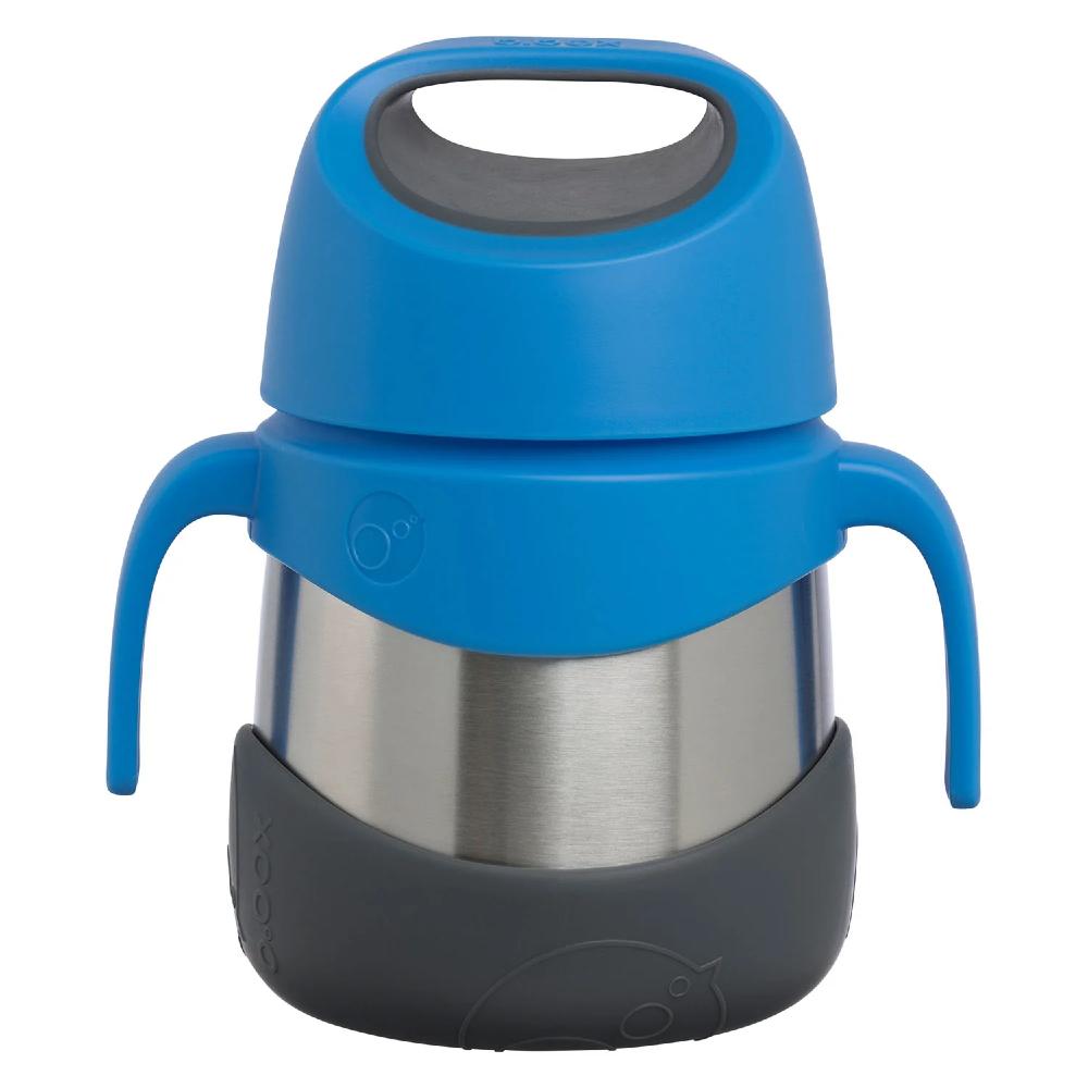 Blue and black insulated food jar with handles on a white background