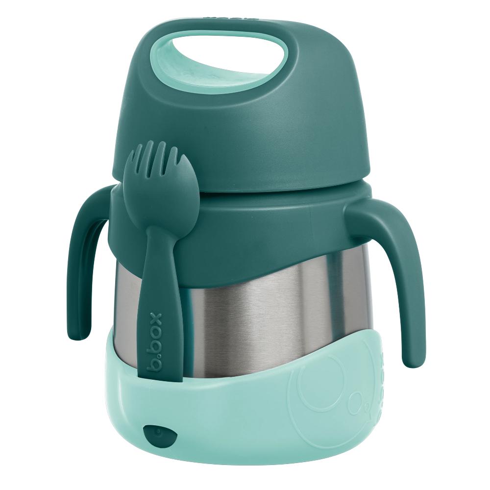 Teal and silver insulated food jar with spoon and fork attachment on a white background