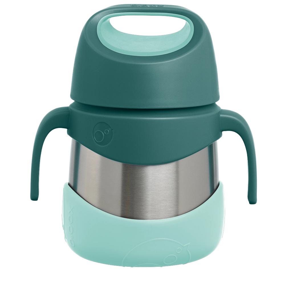 Teal and silver insulated food jar with handles on a white background