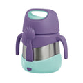 Purple and teal insulated food jar with fork and handle on a white background