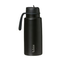 Black insulated water bottle with a handle on a white background