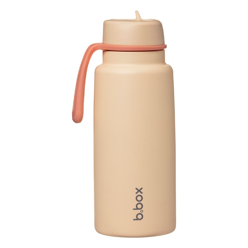 Beige water bottle with pink handle on a white background