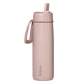 Pink insulated water bottle with straw lid on a white background