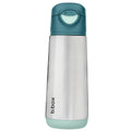Stainless steel water bottle with teal top and bottom on a white background