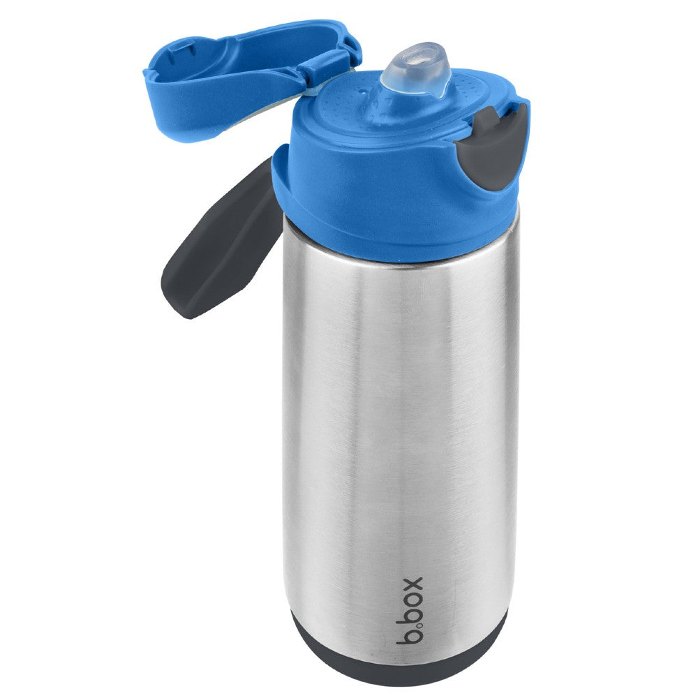 Stainless steel water bottle with sport spout, blue lid and black handle on a white background