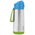 Stainless steel water bottle with blue and green accents on a white background