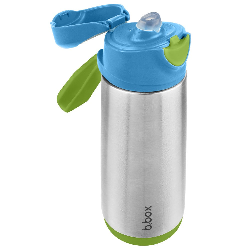 Stainless steel water bottle with sport spout, blue and green lid and handle on a white background