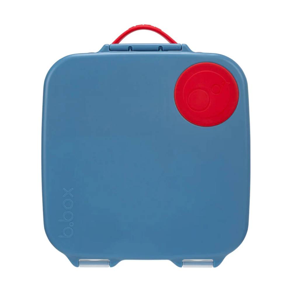 Blue lunchbox with a red circular handle on a white background