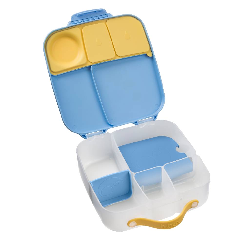 Blue and yellow compartmentalized lunch box on a white background