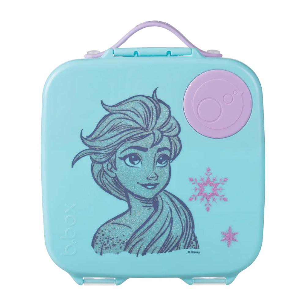 Light blue lunchbox with Elsa from Frozen on a white background