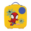 Yellow lunchbox with Spider-Man design on a white background