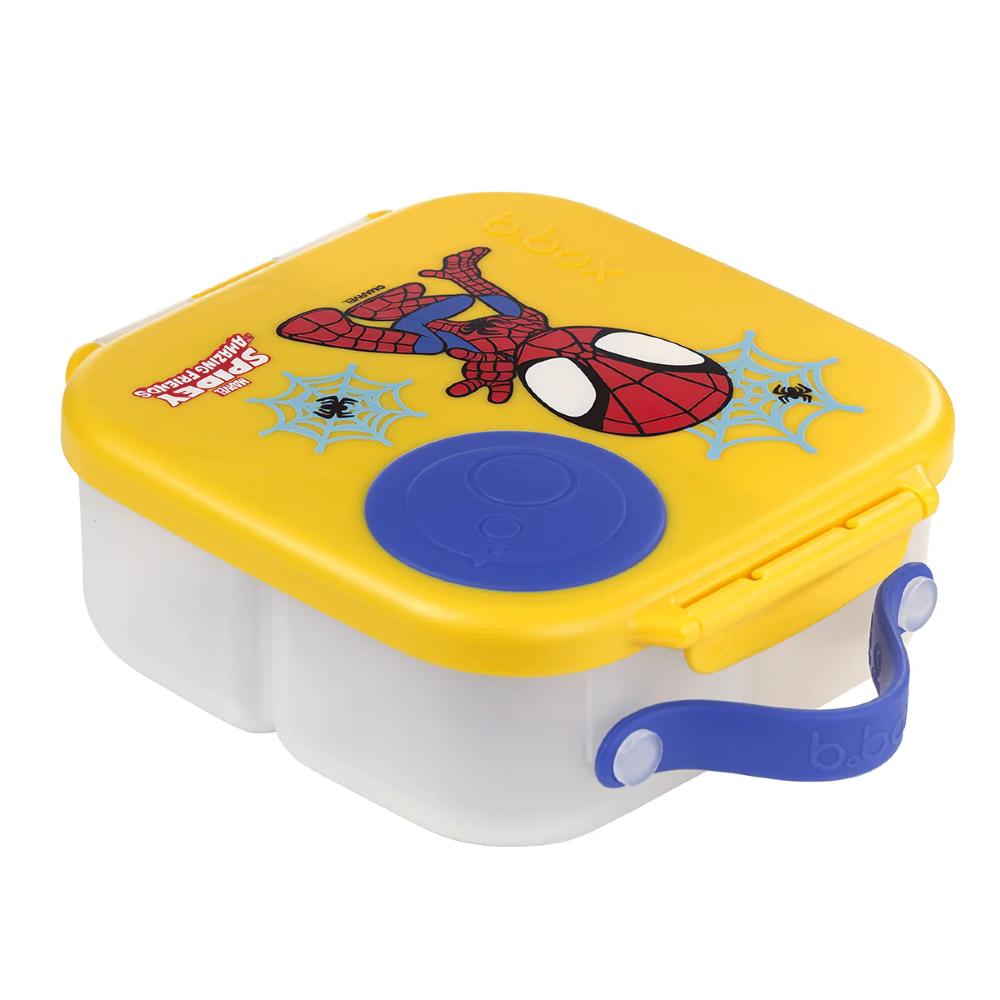 Spider-Man themed lunchbox with yellow lid and blue accents on a white background