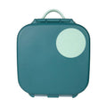 Teal mini lunch box with a circular green handle on a white background