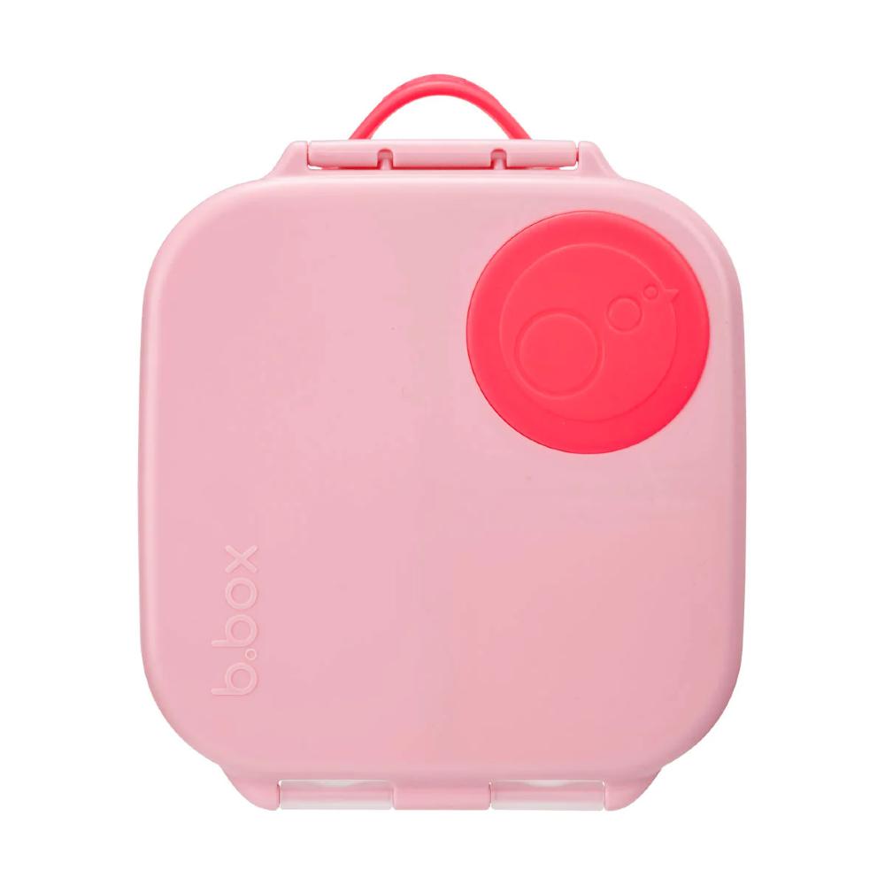 Pink b.box mini lunch box with a red lid on a white background