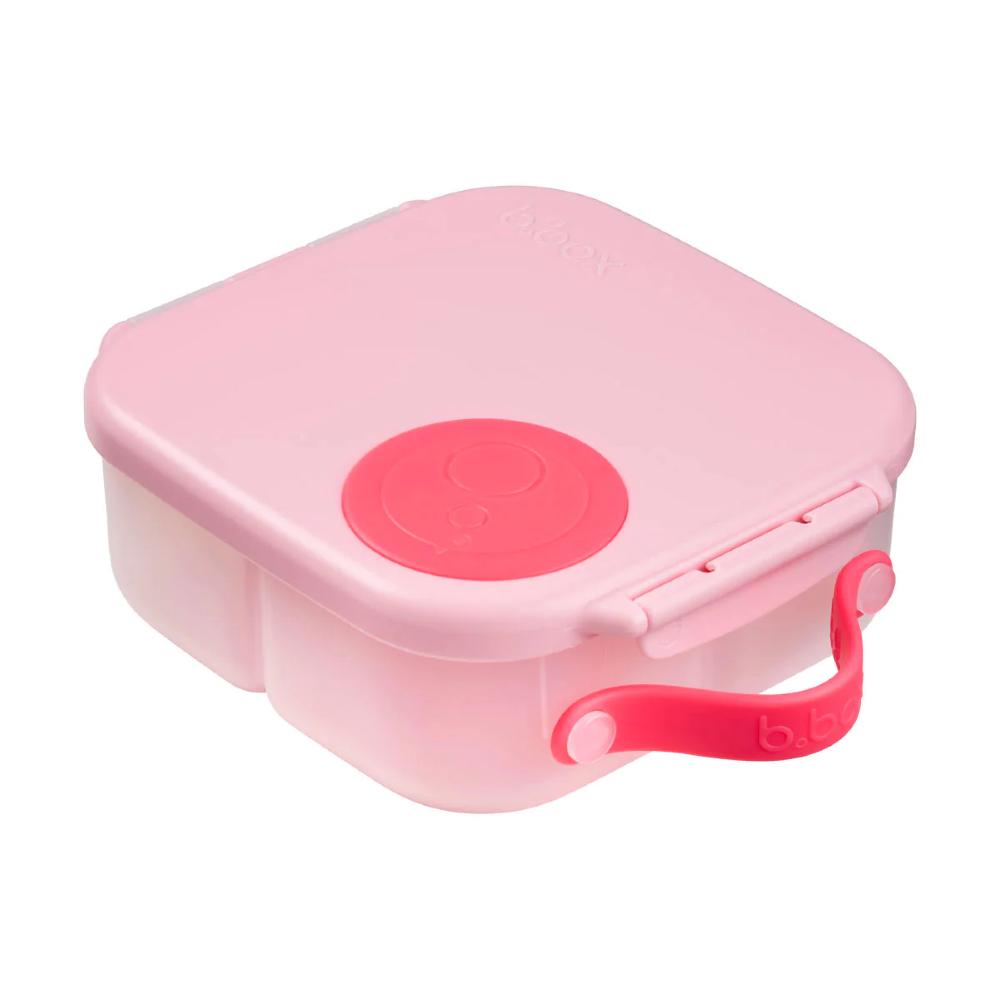 Pink mini lunchbox with a red lid on a white background