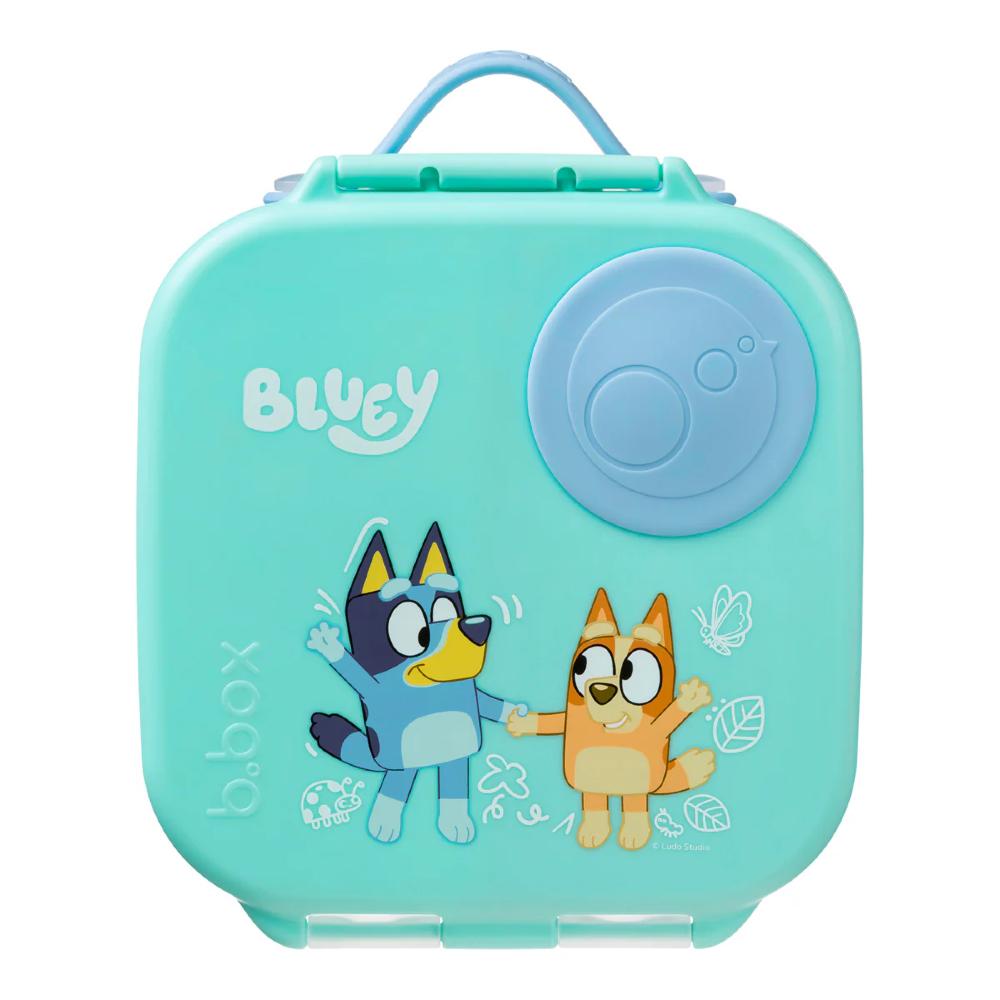 Teal mini lunchbox with cartoon characters and 'Bluey' branding on a white background