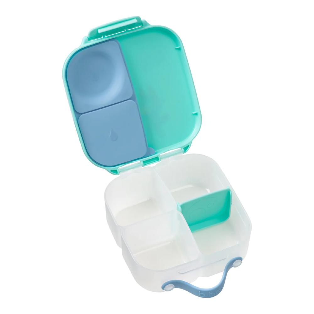 Open mini lunchbox with teal lid and white base on a white background