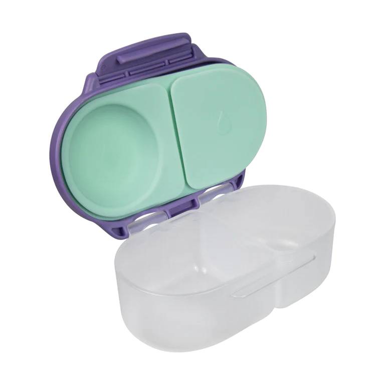Two-section container with purple lid and green interior sections on a white background
