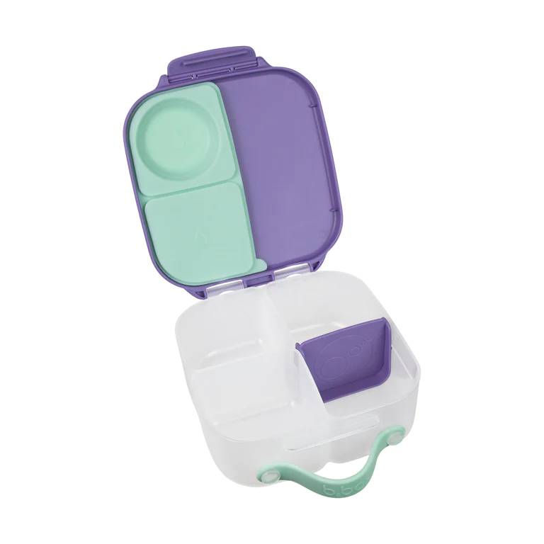 b.box mini lunchbox with a purple lid and base and white body on a white background.