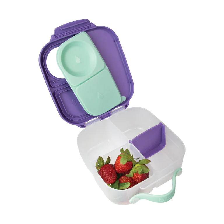 Purple and white mini lunchbox with strawberries on a white background