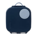 Navy blue container with a gray circular logo on a white background