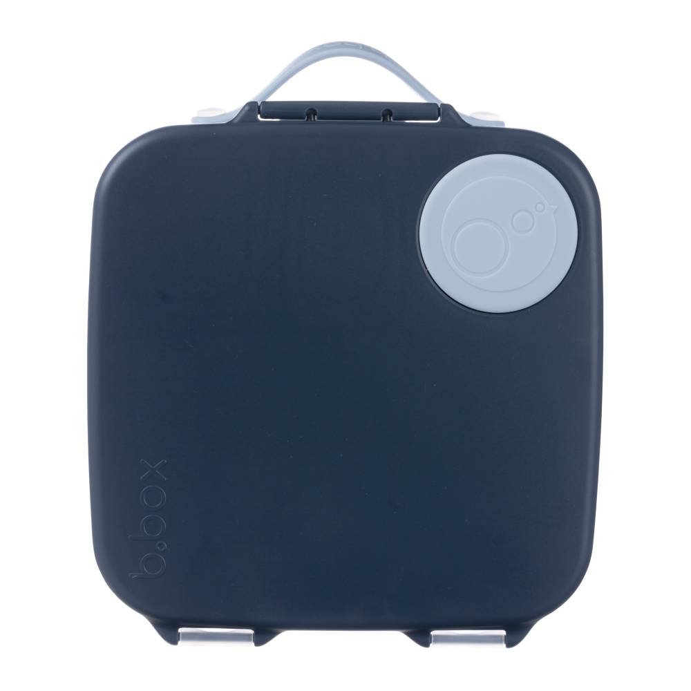 Navy blue lunchbox with a circular handle and brand logo on a white background