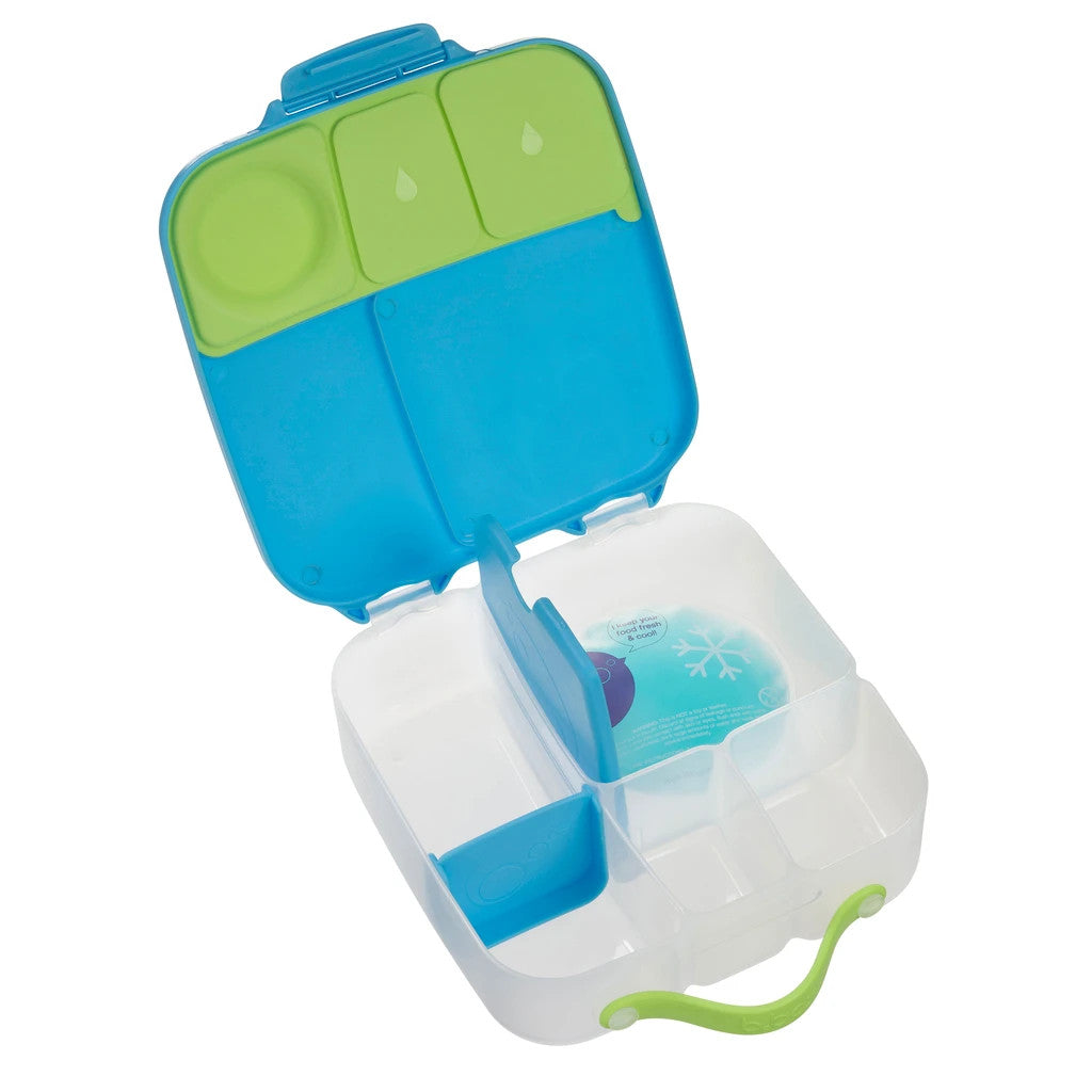 Blue and green plastic lunchbox with a lid on a white background