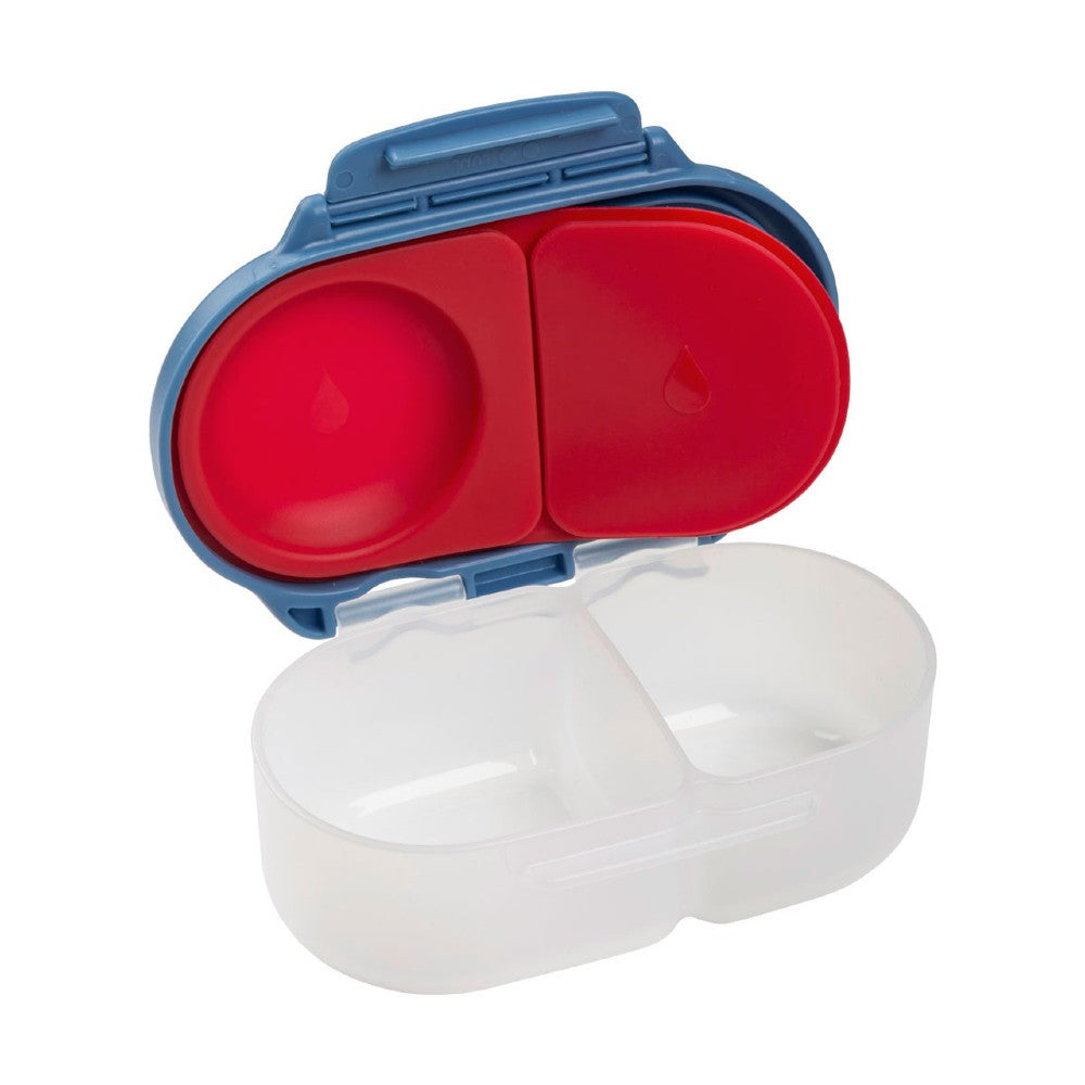 Red and blue container with a white lid on a white background