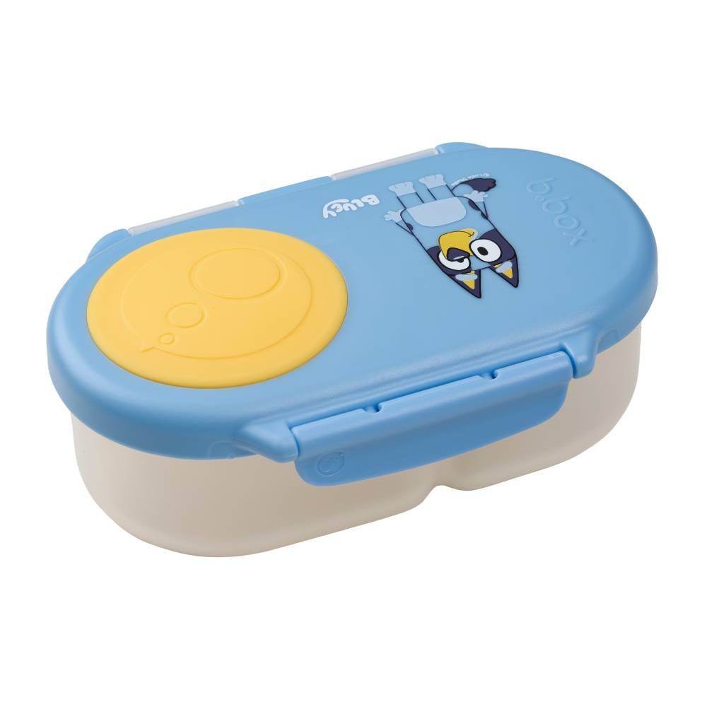 Children's snack container with blue lid and yellow button on a white background
