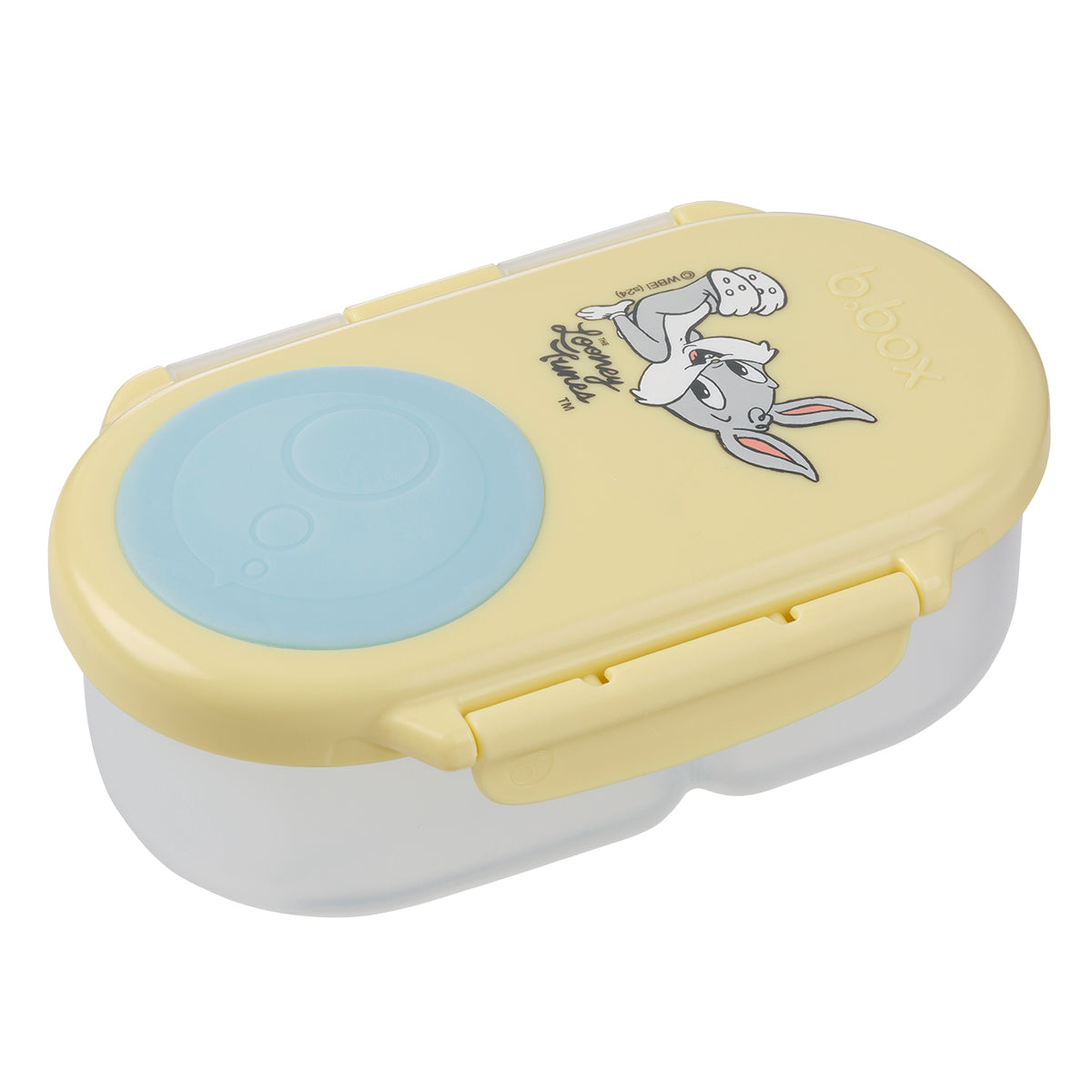 Yellow snack container with a blue lid featuring a cartoon character on a white background