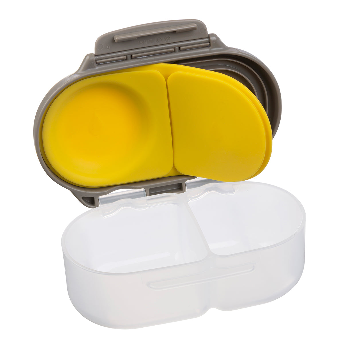 Snack box with yellow lid and clear compartment on a white background
