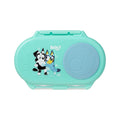 Mint green container with cartoon characters on a white background