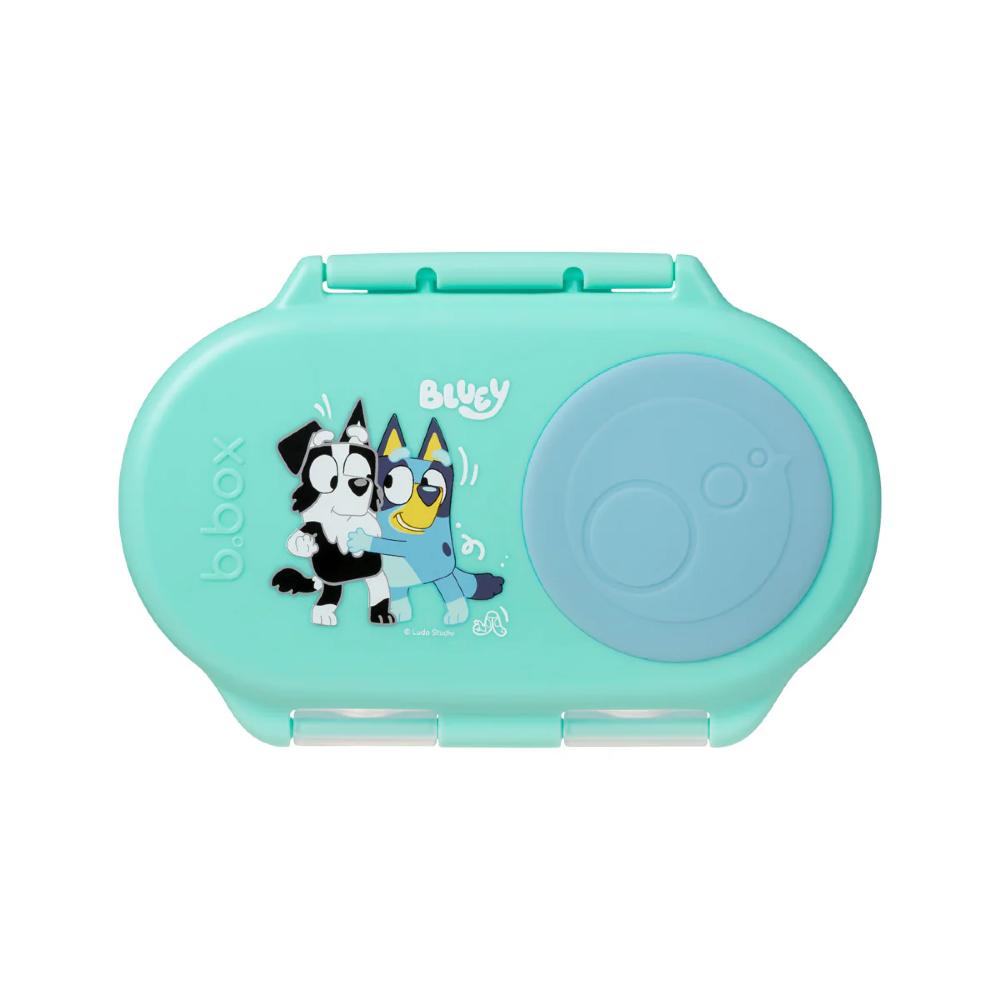Mint green container with cartoon characters on a white background