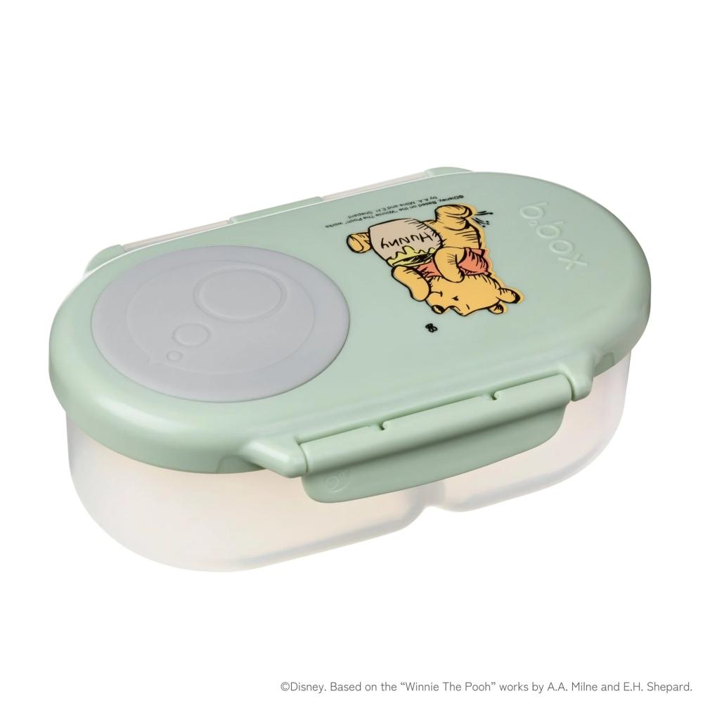 Light green snack container with a cartoon character on a white background