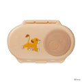 Beige snack container with a cartoon lion design on a white background