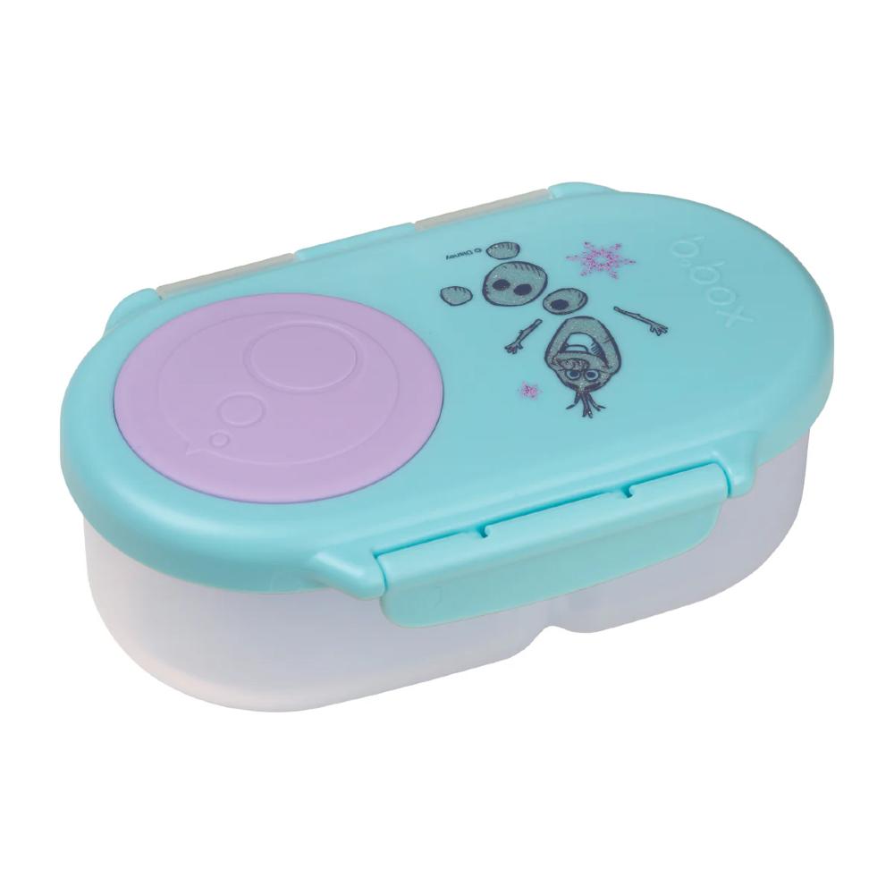 Small container with a teal lid featuring cartoon designs on a white background