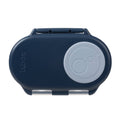 Navy blue container with a circular gray component on a white background