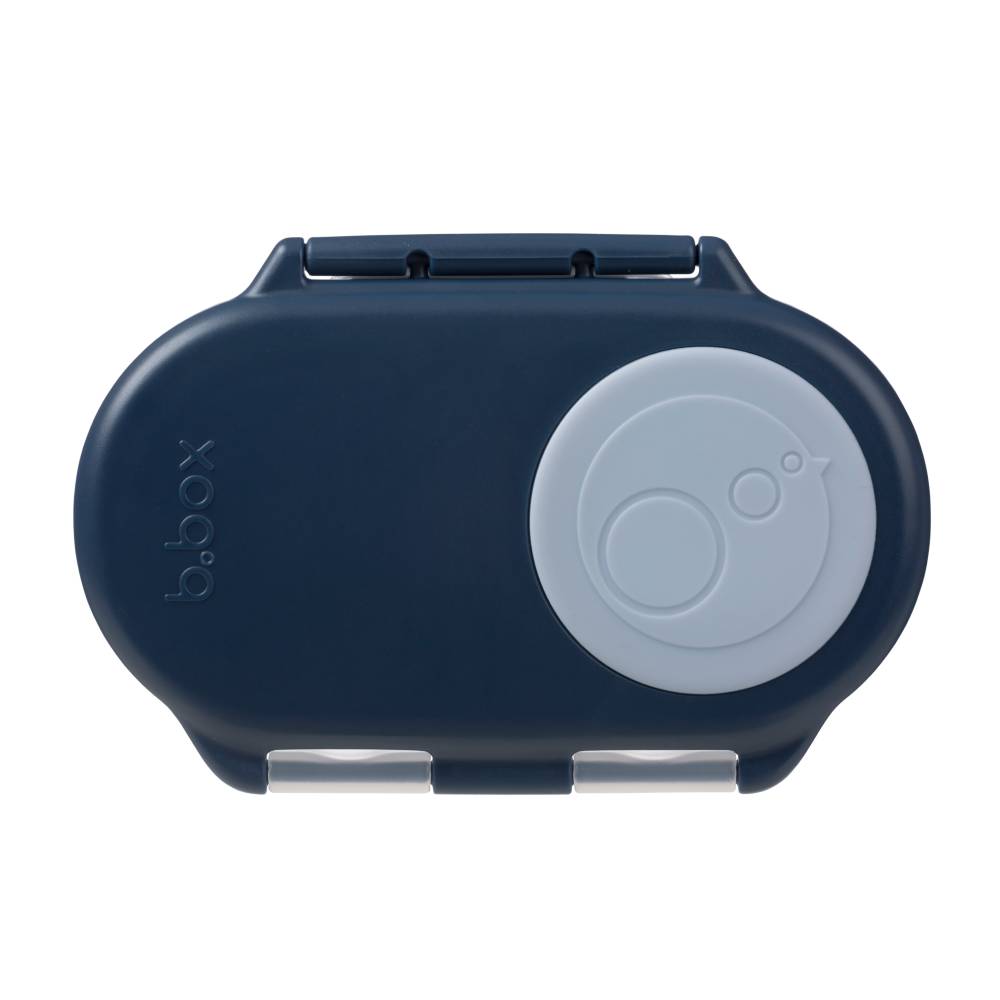 Navy blue container with a circular gray component on a white background