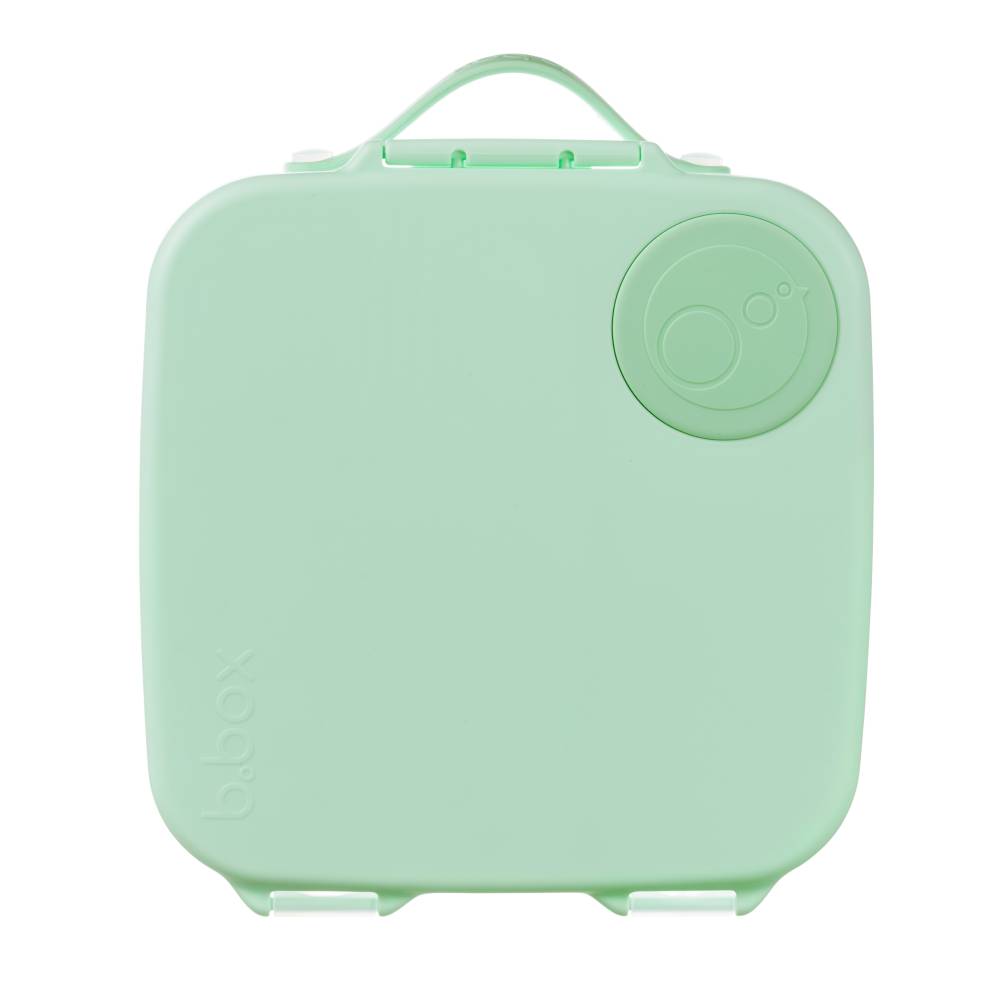 Mint green lunchbox with a circular logo on a white background