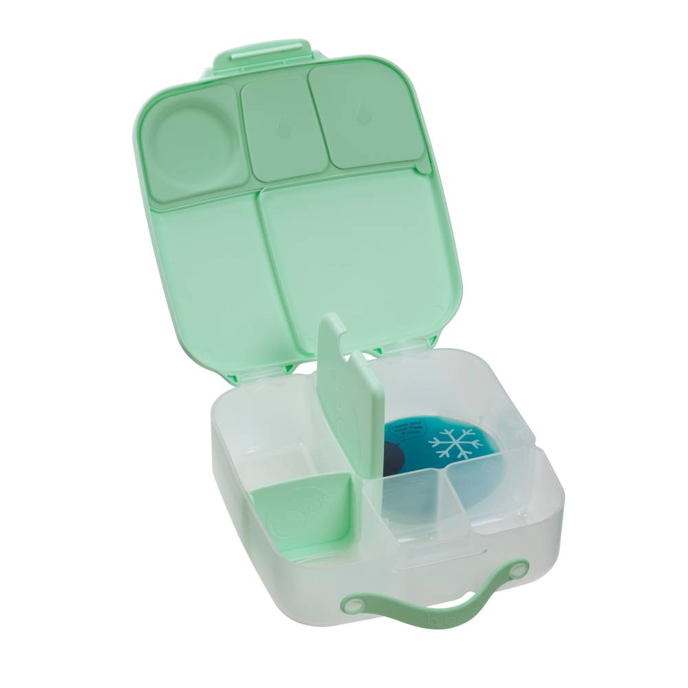 Green and white compartmentalized lunchbox with icepack with a lid on a white background