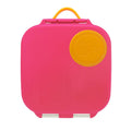 Pink lunch box with yellow handle and circular logo on a white background
