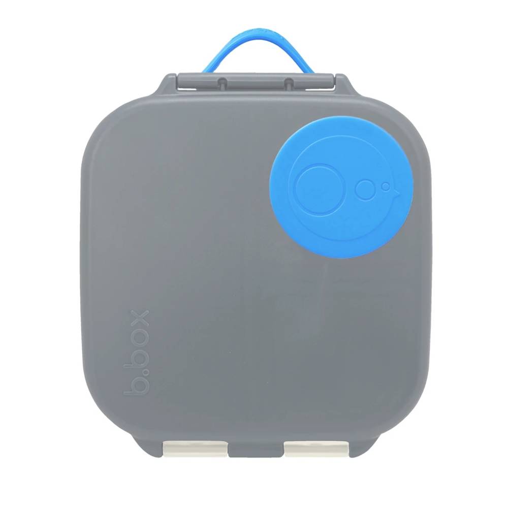Gray mini lunchbox with a blue lid on a white background