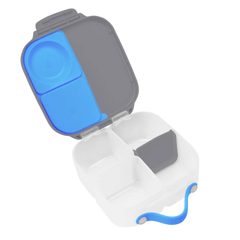 Multi-compartment mini b.box lunchbox  with blue and gray sections on a white background