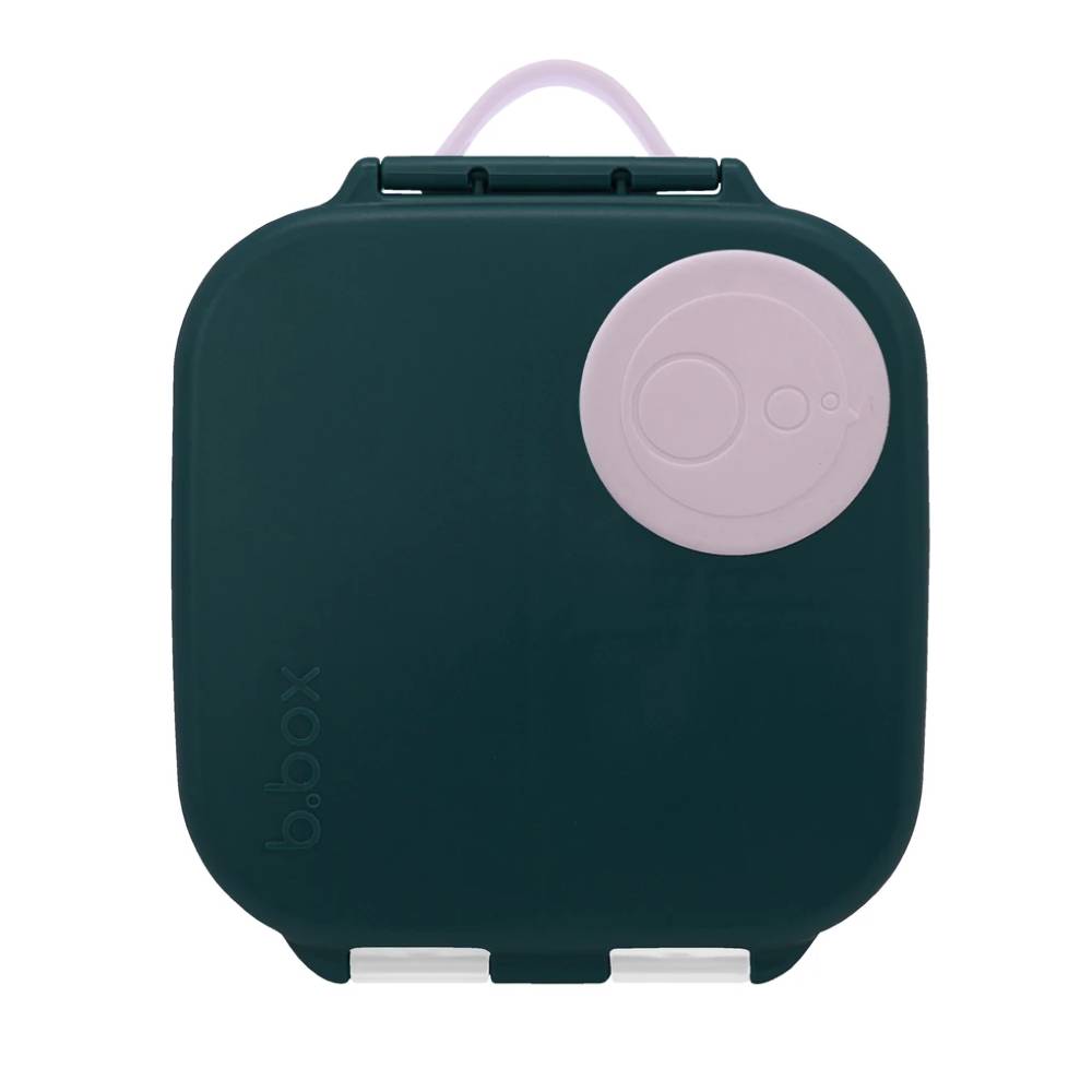 Dark mini lunch box with a pink circular logo on a white background