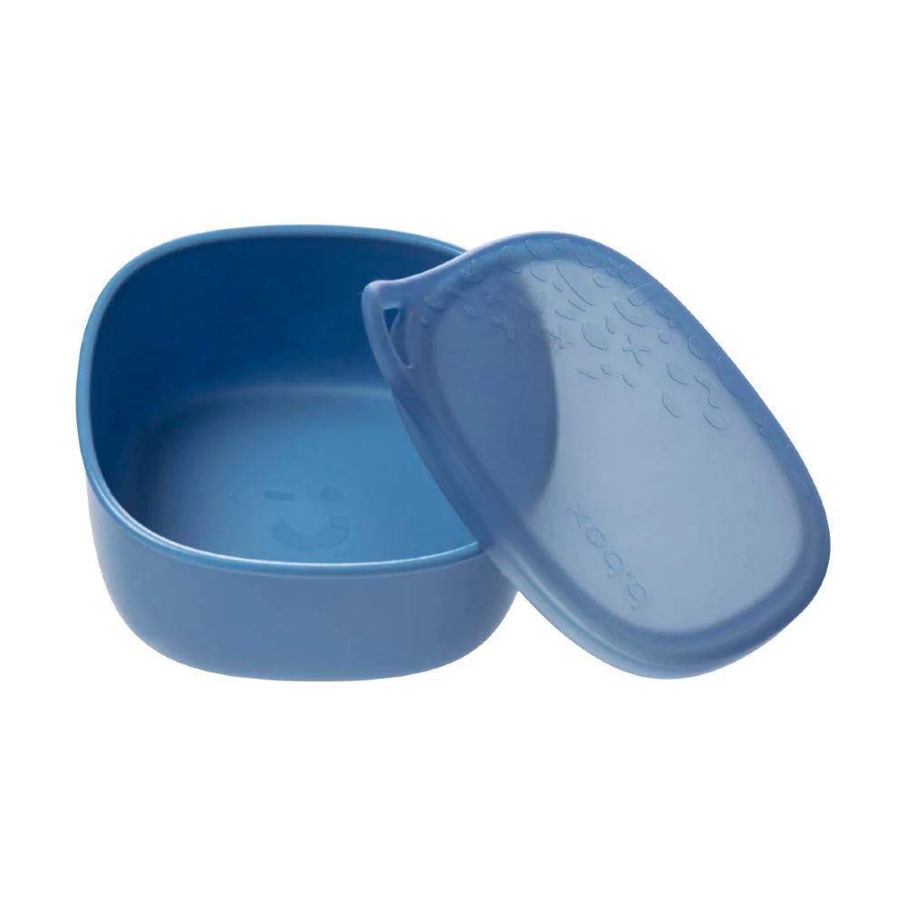 Blue food container with lid on a white background